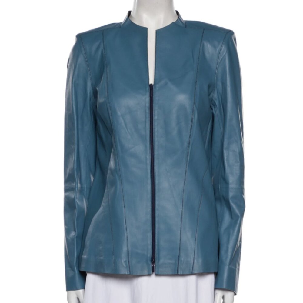 Lafayette 148 New York Blue Leather Jacket, Size 8
